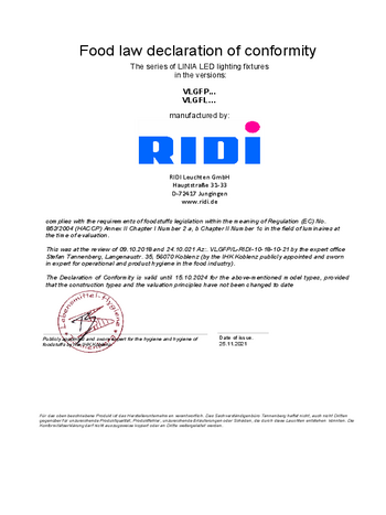 Food safety certificate RIDI LINIA VLGFP, VLGFL