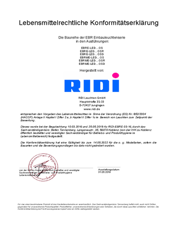 Lebensmittelzertifikat Feuchtraumleuchten EBRE OS/OSR/OSD / EBRME OS/OSR/OSD (LED)