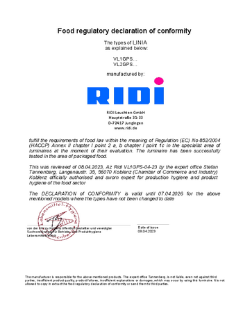 Food safety certificate RIDI LINIA VL1GPS/VL2GPS