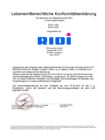 Lebensmittelzertifikat Industrieleuchten RLS-LED
