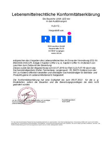 Lebensmittelzertifikat Lichtband RIDI LINIA FLAT-FZ (LED)