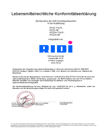 Lebensmittelzertifikat Feuchtraumleuchten PFZO (LED)