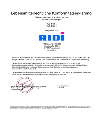 Lebensmittelzertifikat Lichtband RIDI LINIA FLAT-FS (LED)