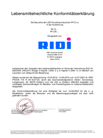 Certificato alimentare per lampade per ambienti umidi PF.O