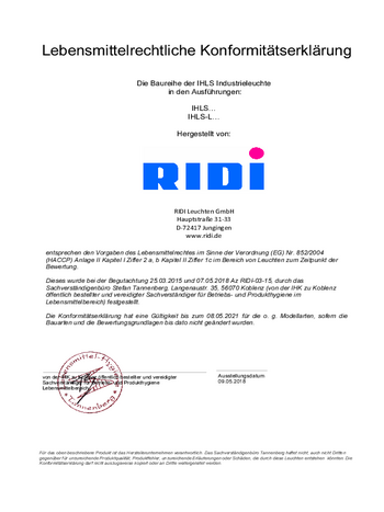 Lebensmittelzertifikat Industrieleuchten IHLS (konventionell + LED)